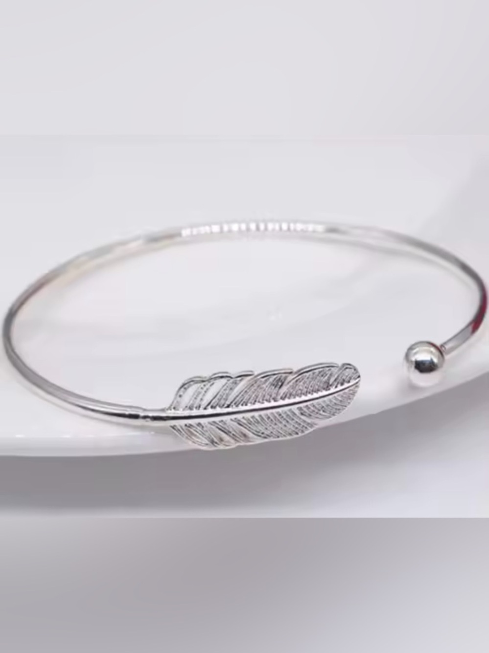 925 Sterling Silver Feather Bangle Bracelet - Womens Jewelry Minimalist Boho